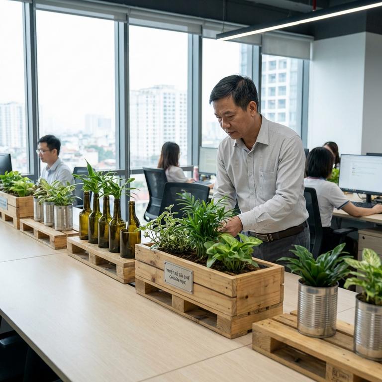 Tiêu chuẩn thiết kế chậu hoa tái chế cho không gian làm việc chuyên nghiệp